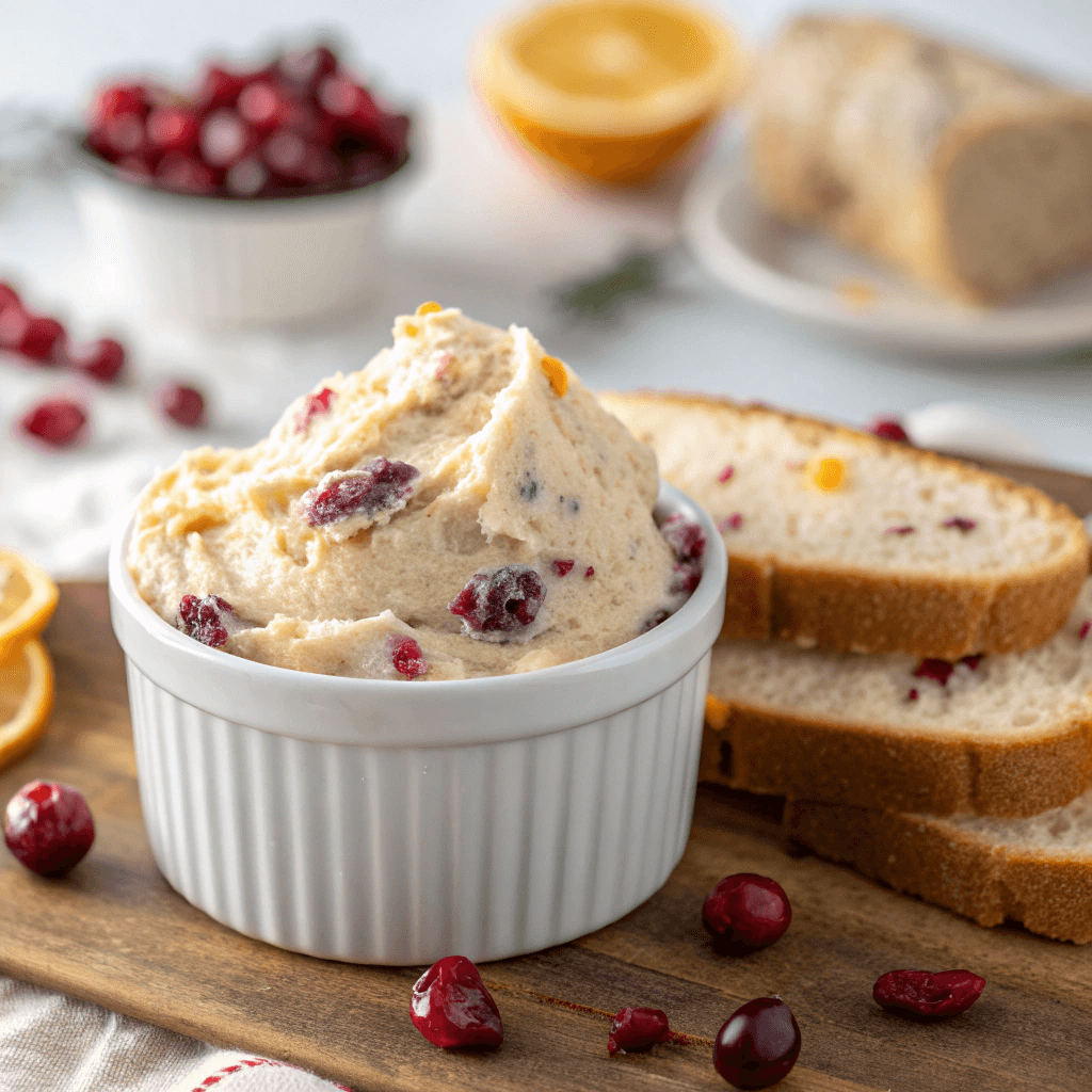 Delicious Honey Cranberry Butter Recipe 5 Close-up view of creamy honey cranberry butter in a white ramekin surrounded by dried cranberries and bread.