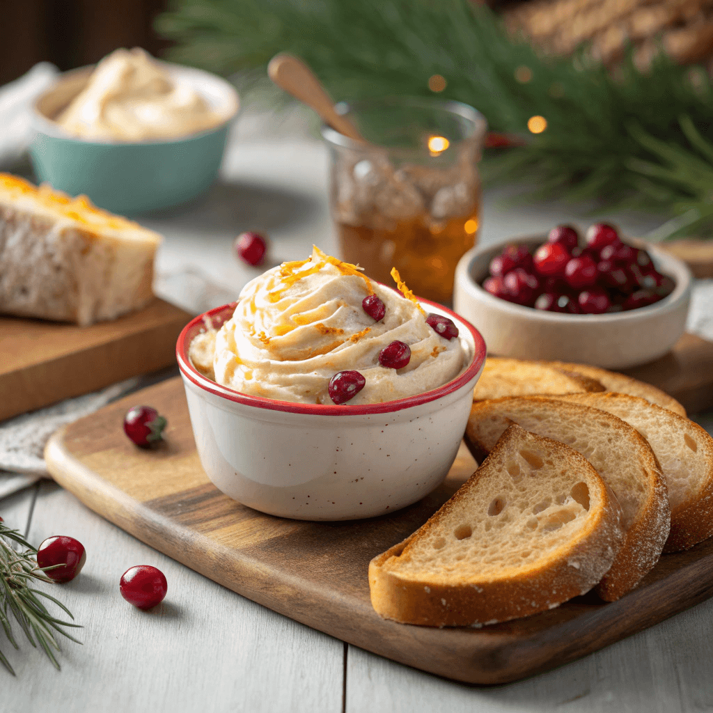 Delicious Honey Cranberry Butter Recipe 3 Honey cranberry butter spread next to sliced bread with cranberries scattered around.