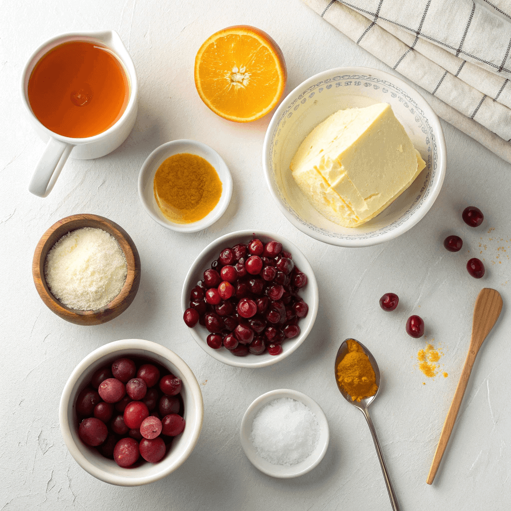 Delicious Honey Cranberry Butter Recipe 2 Overhead ingredient display for honey cranberry butter including butter, honey, cranberries, orange zest, vanilla, and salt.