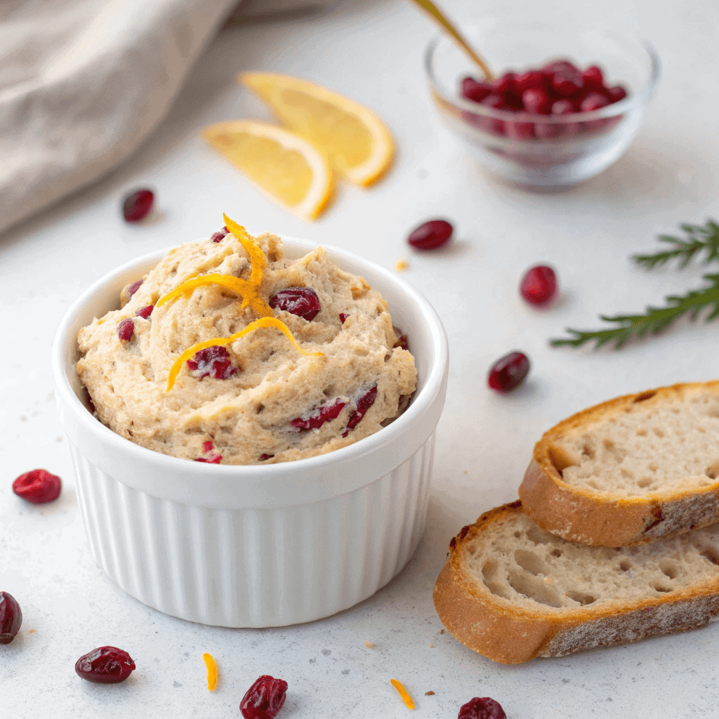Delicious Honey Cranberry Butter Recipe 1 Overhead view of honey cranberry butter with dried cranberries and orange zest in a white ramekin.