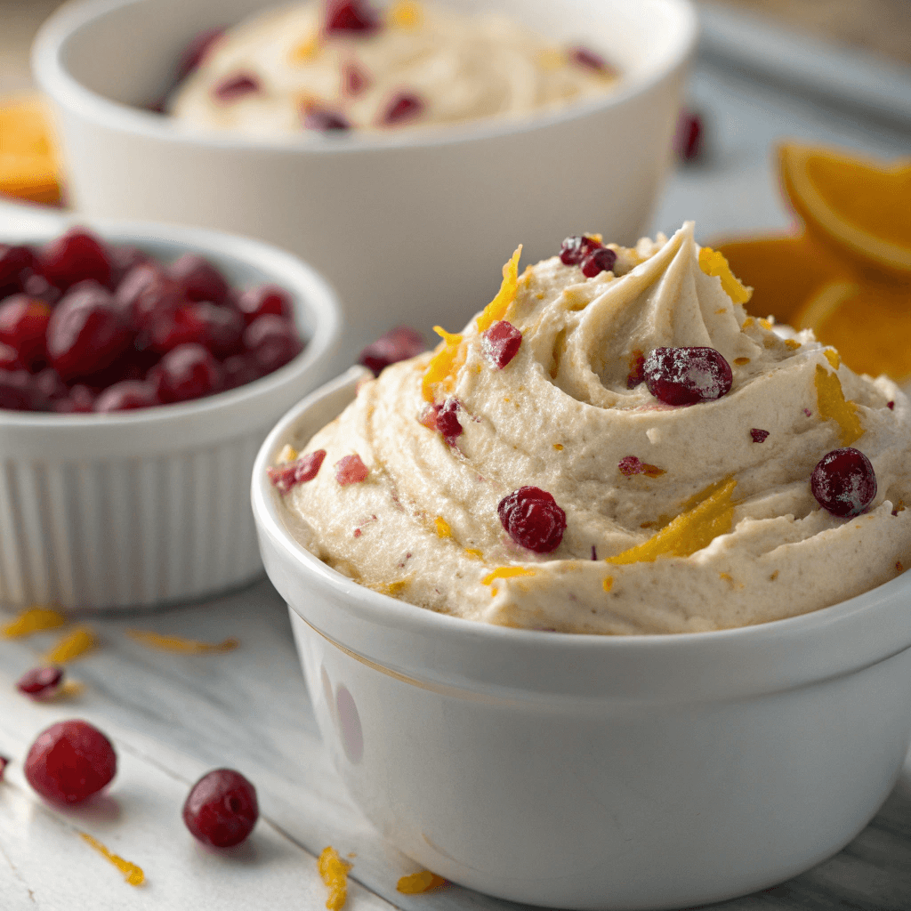 Delicious Honey Cranberry Butter Recipe 4 Ultra close-up of creamy honey cranberry butter showing cranberries and orange zest.