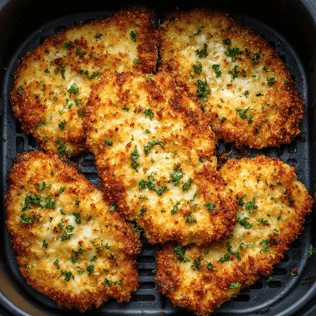 Crispy Air Fryer Chicken Cutlets - Best Chicken Cutlets Ever 1 Breaded air fryer chicken cutlets with golden crispy crust in the basket.