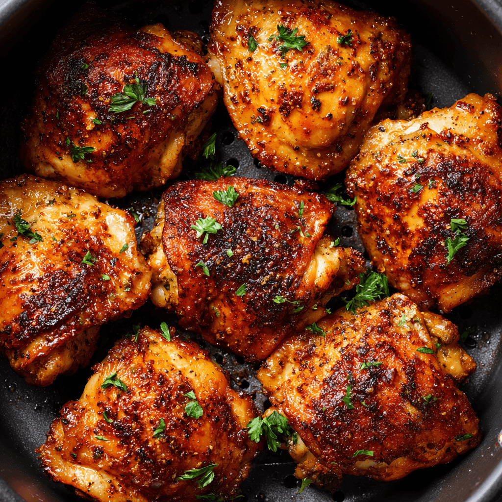Crispy Air Fryer Chicken Thighs: Your Easy Weeknight Meal 1 Close-up of golden air fryer chicken thighs with crispy skin and parsley garnish.