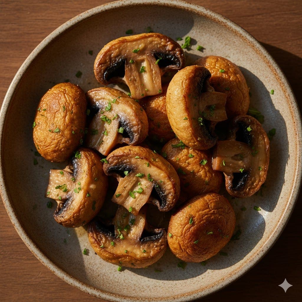 Easy Crispy Air Fryer Mushrooms Recipe 1 Air fryer cauliflower steaks with parsley and lemon wedges on a white plate.