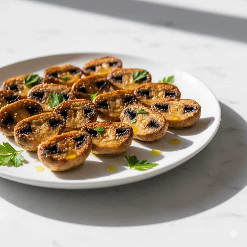 Easy Crispy Air Fryer Mushrooms Recipe 2 Golden roasted air fryer cauliflower steaks neatly served on a white plate.