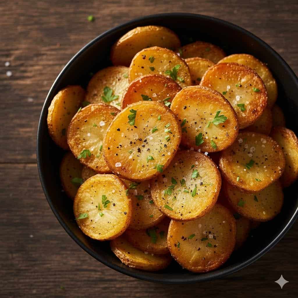 Crispy Air Fryer Sliced Potatoes: Your New Favorite Side Dish 1 Crispy golden air fryer sliced potatoes with parsley in a black bowl.