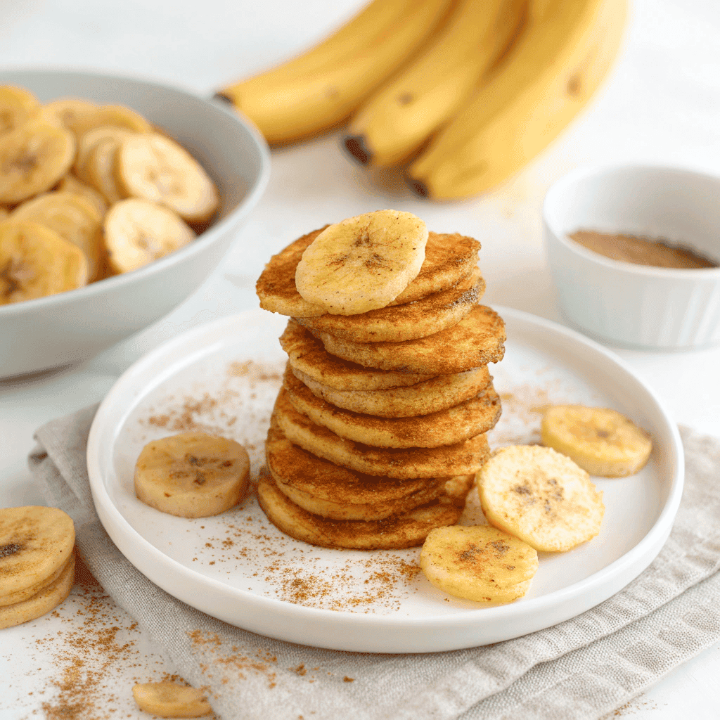 Crispy cinnamon banana chips served on a simple white plate.