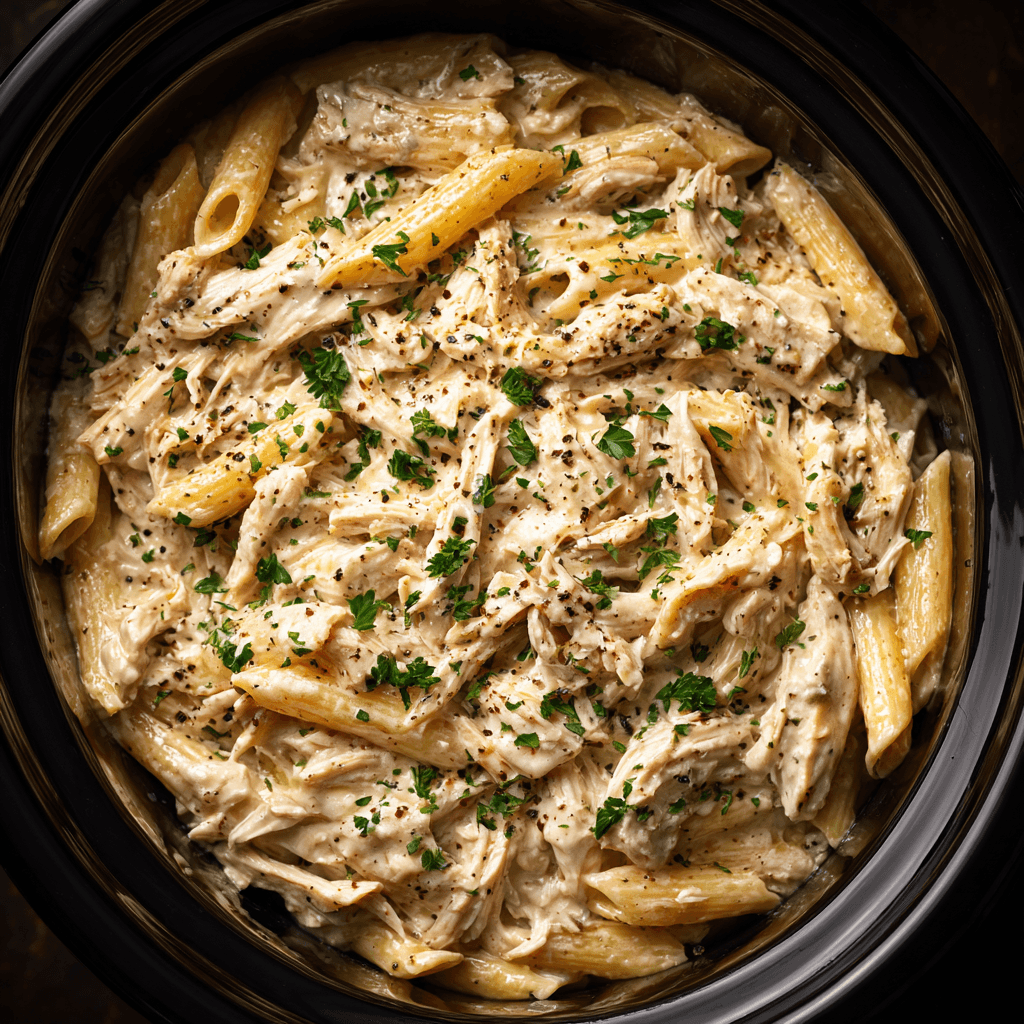 Creamy crockpot chicken alfredo with penne pasta and parmesan sauce