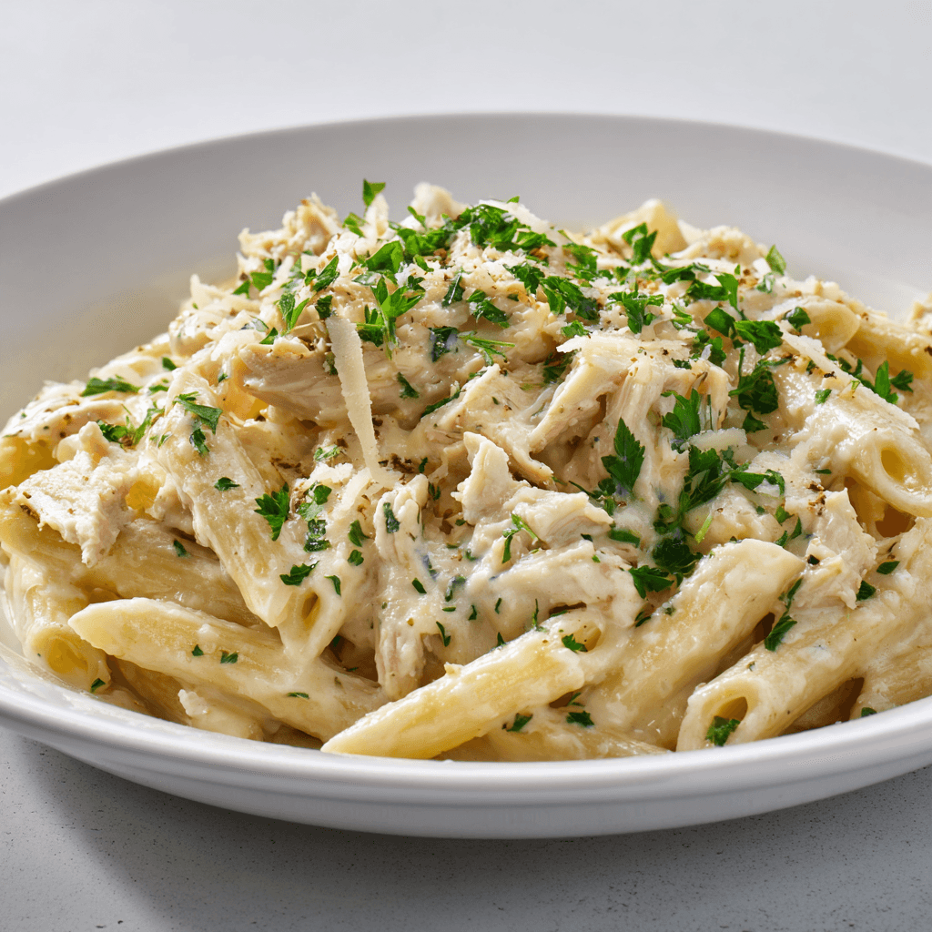 Crockpot chicken alfredo beautifully plated on a white dish with creamy sauce and parsley.