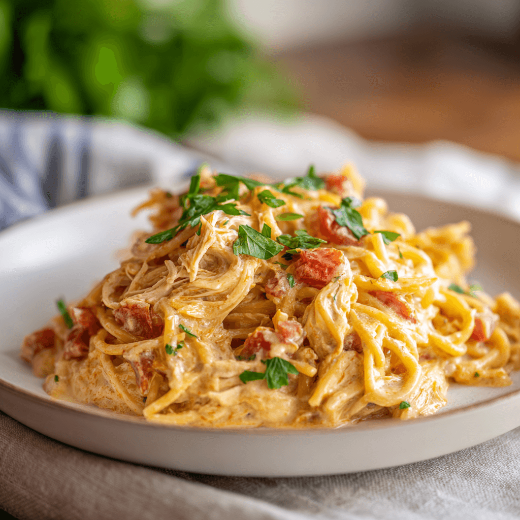 Creamy crockpot chicken spaghetti with cheese, tomatoes, and herbs