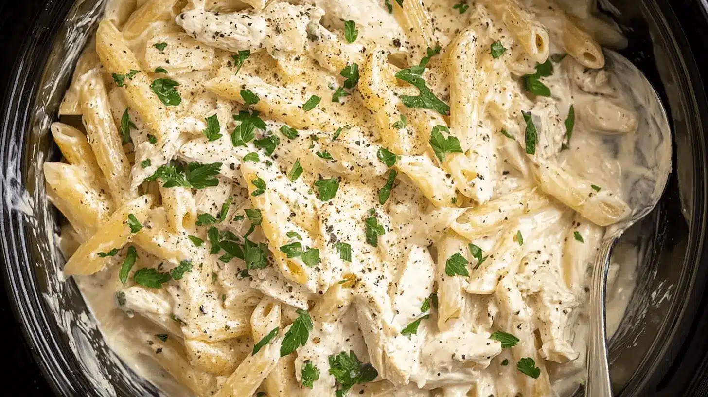 Close-up of creamy crockpot chicken alfredo pasta, garnished with fresh parsley and black pepper, ready to be served.