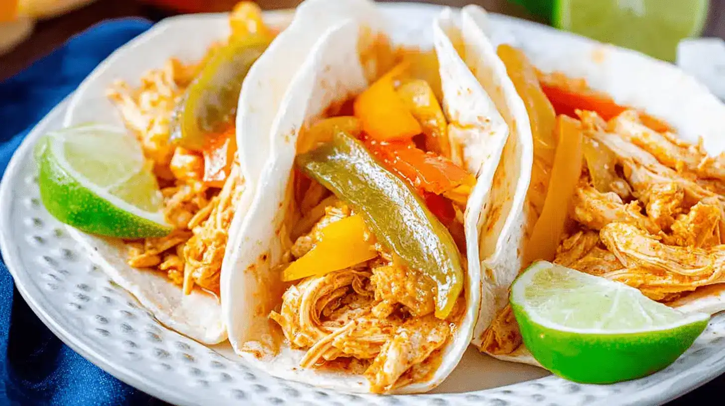 Appetizing close-up of three crockpot chicken fajitas filled with shredded chicken and colorful bell peppers, garnished with fresh lime wedges on a textured white plate.