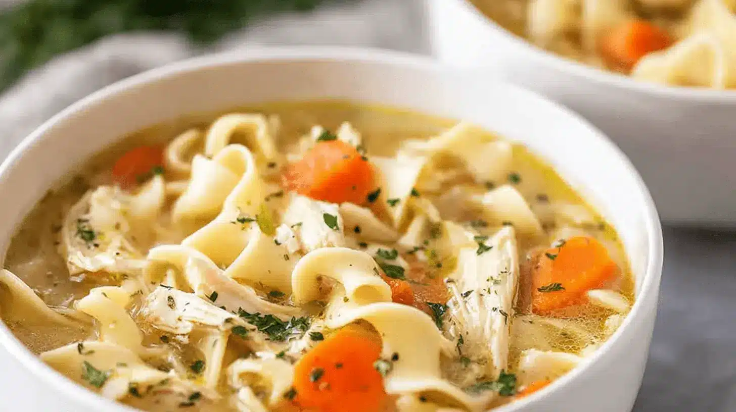 A close-up of a hearty bowl of crockpot chicken noodle soup with wide egg noodles, shredded chicken, carrots, and fresh parsley garnish.