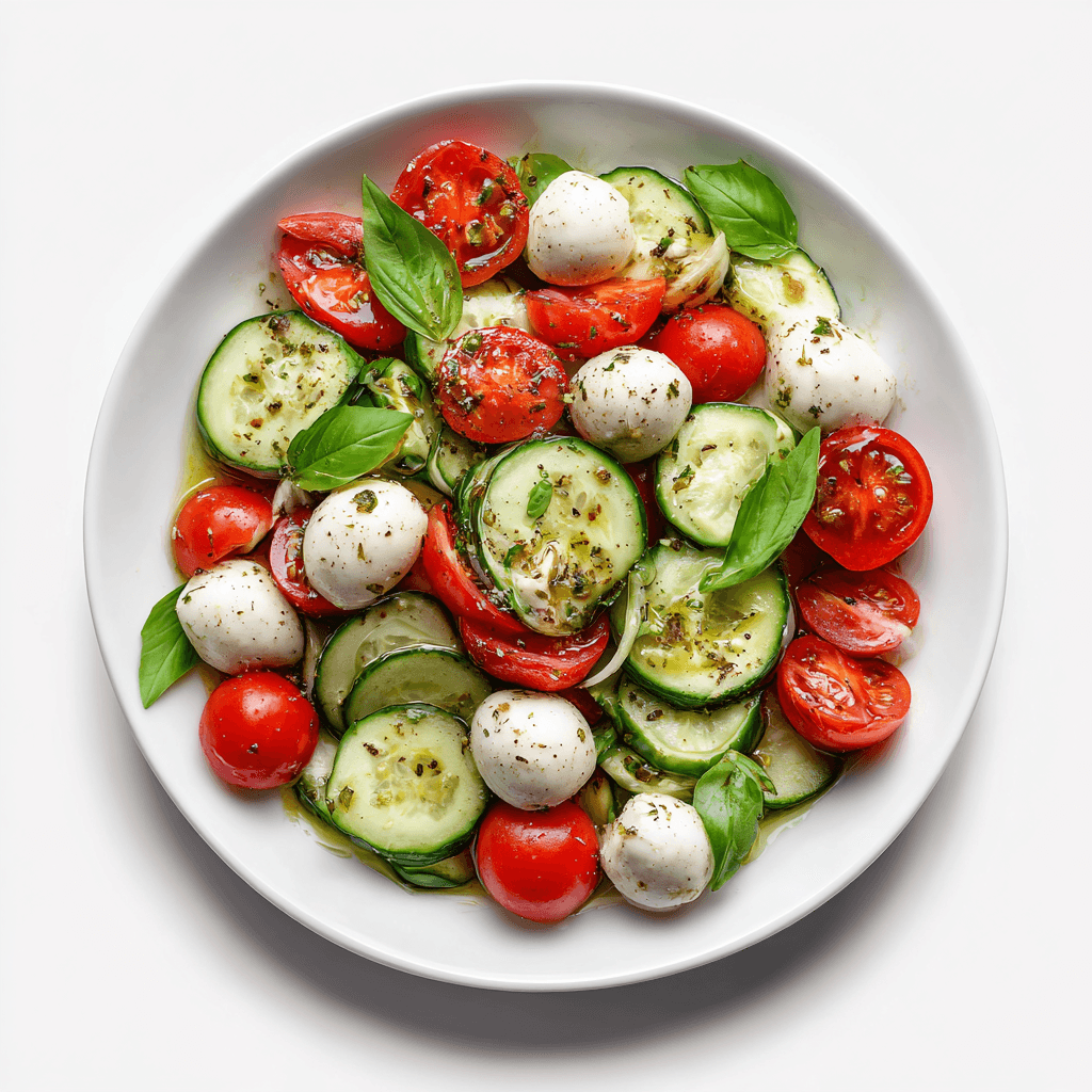 Cucumber caprese salad isolated on white background showing fresh ingredients and textures.