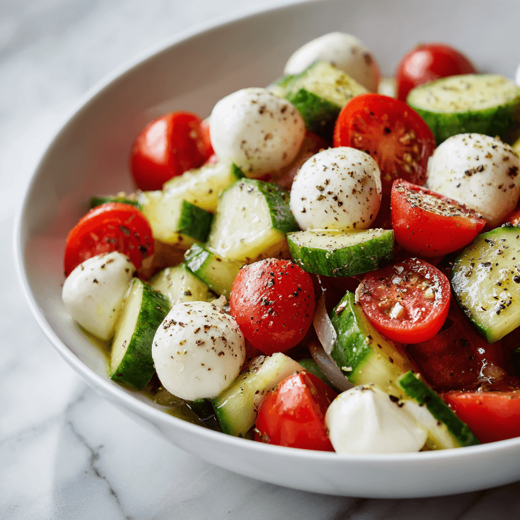 Fresh cucumber caprese salad with cherry tomatoes, mozzarella balls, and basil in a white bowl