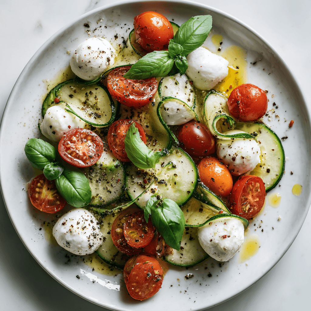 Cucumber caprese salad beautifully served on a white plate with tomatoes, cucumbers, and mozzarella.