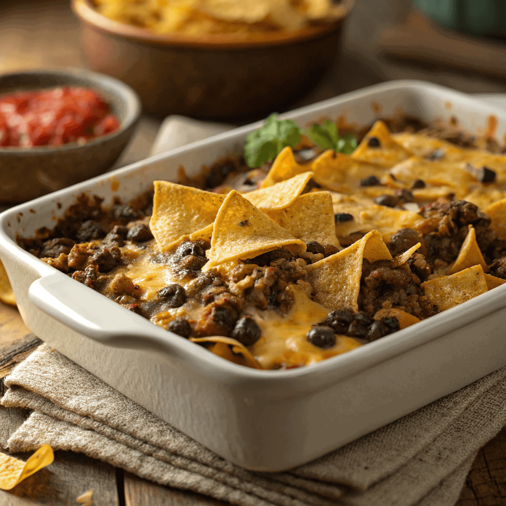 Extra-bubbly baked taco casserole with golden cheese and crispy tortilla chips.