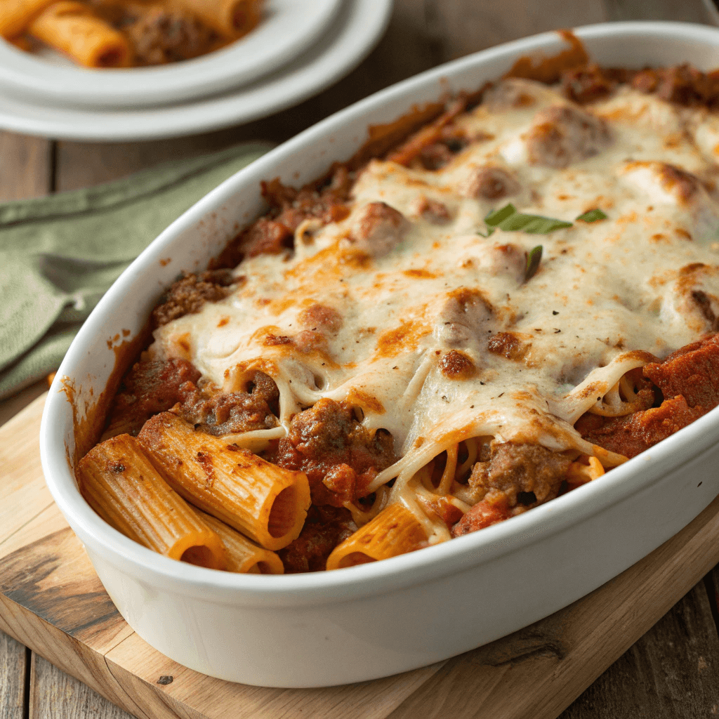 Close-up of baked ziti with melted golden cheese and tomato meat sauce in a white casserole dish.