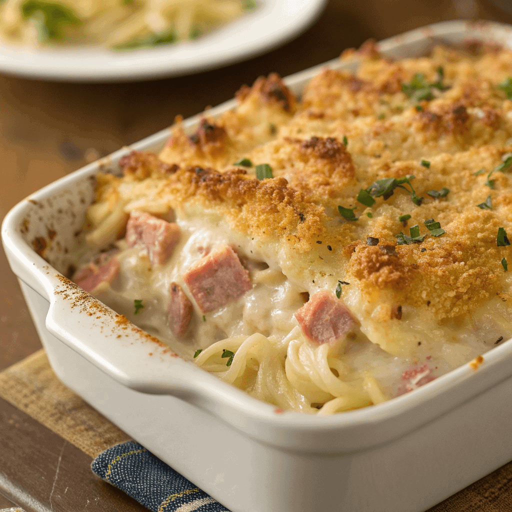Overbaked Chicken Cordon Bleu casserole with deeply golden breadcrumb crust and creamy interior.