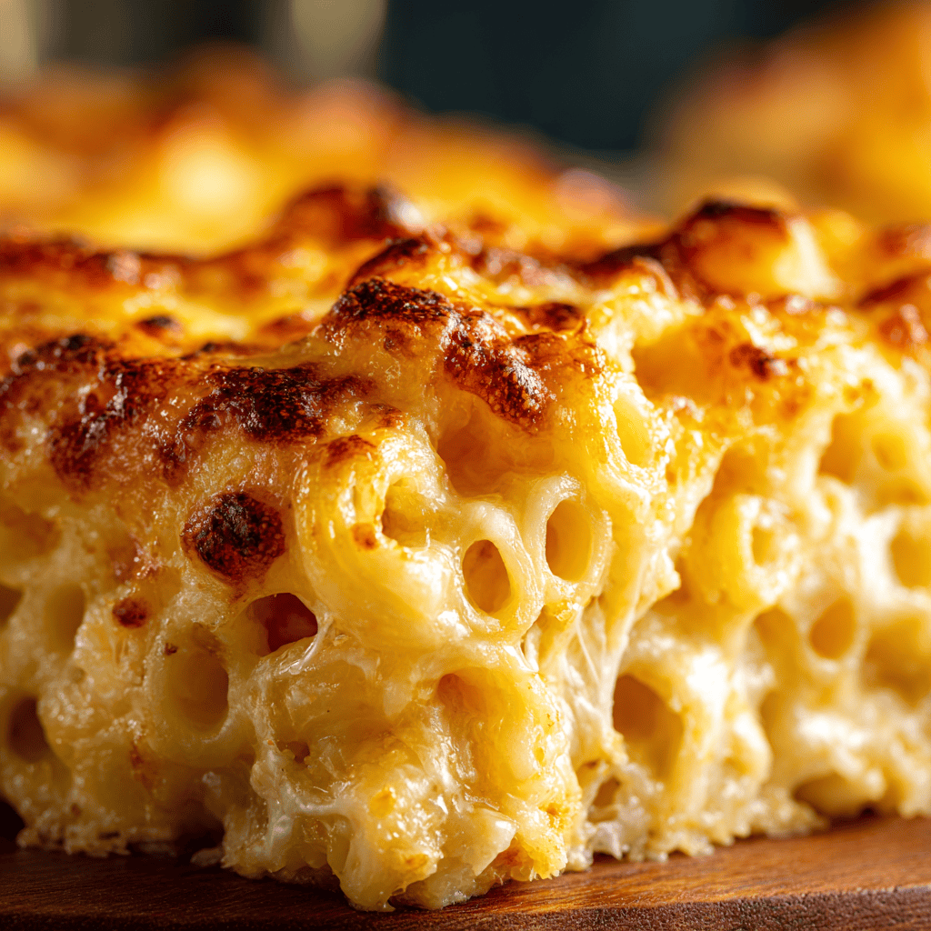 Dolly Parton's 5-Ingredient Casserole: The Ultimate Easy Chicken Dinner 3 Extreme close-up of Dolly Parton’s Casserole showing melted golden cheese and creamy macaroni texture.
