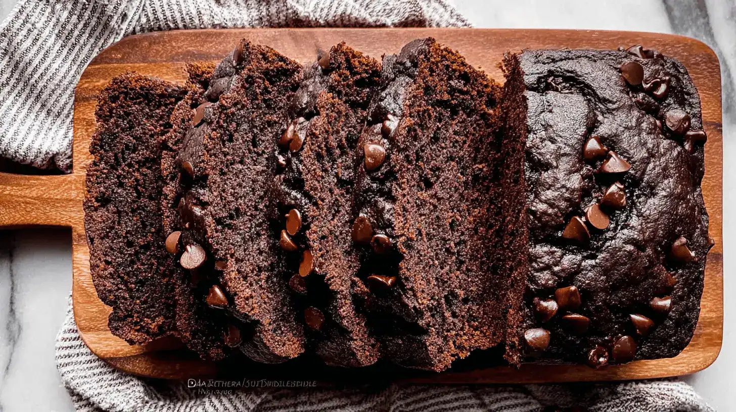 Close-up of freshly baked, partially sliced Double Chocolate Banana Bread on a rustic wooden board.