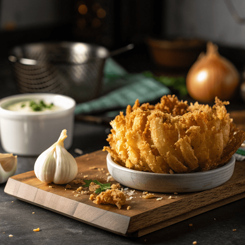 Crispy Air Fryer Blooming Onion: Your Easy Restaurant-Style Appetizer 3 Artistic close-up of a blooming onion with dramatic lighting.