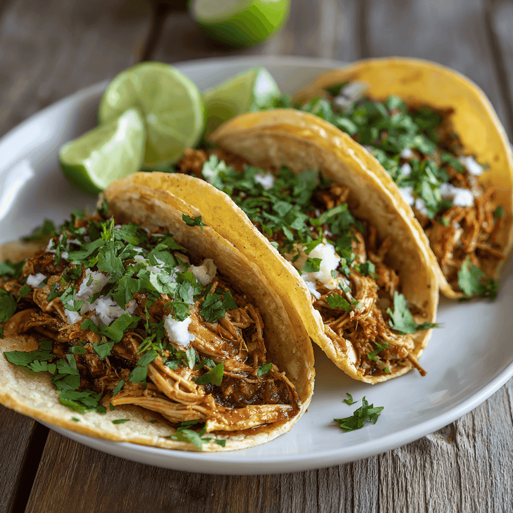 The Best Easy Slow Cooker Chicken Tacos 2 White plate with three slow cooker chicken tacos topped with fresh cilantro, cheese, and tomatoes, served with lime wedges.