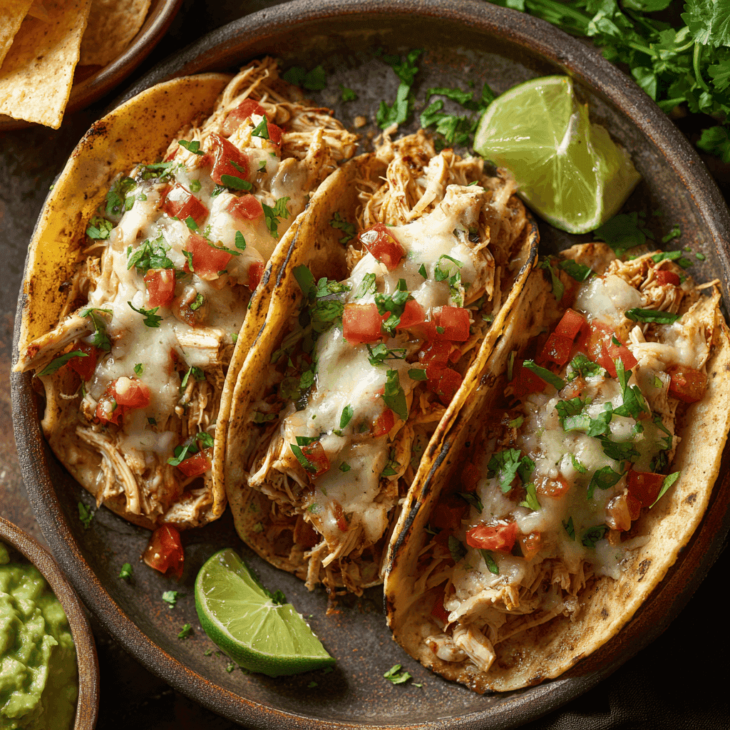 The Best Easy Slow Cooker Chicken Tacos 1 Close-up of slow cooker chicken tacos with shredded chicken, cheese, tomatoes, and cilantro on a rustic plate with limes and guacamole.