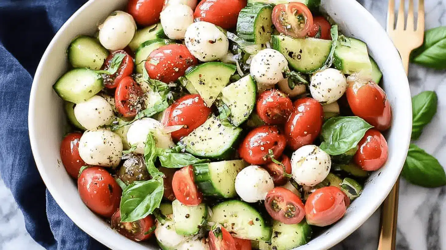 Close-up of a vibrant Easy Cucumber Caprese Salad with cherry tomatoes, fresh mozzarella, and basil in a white bowl on a marble surface.