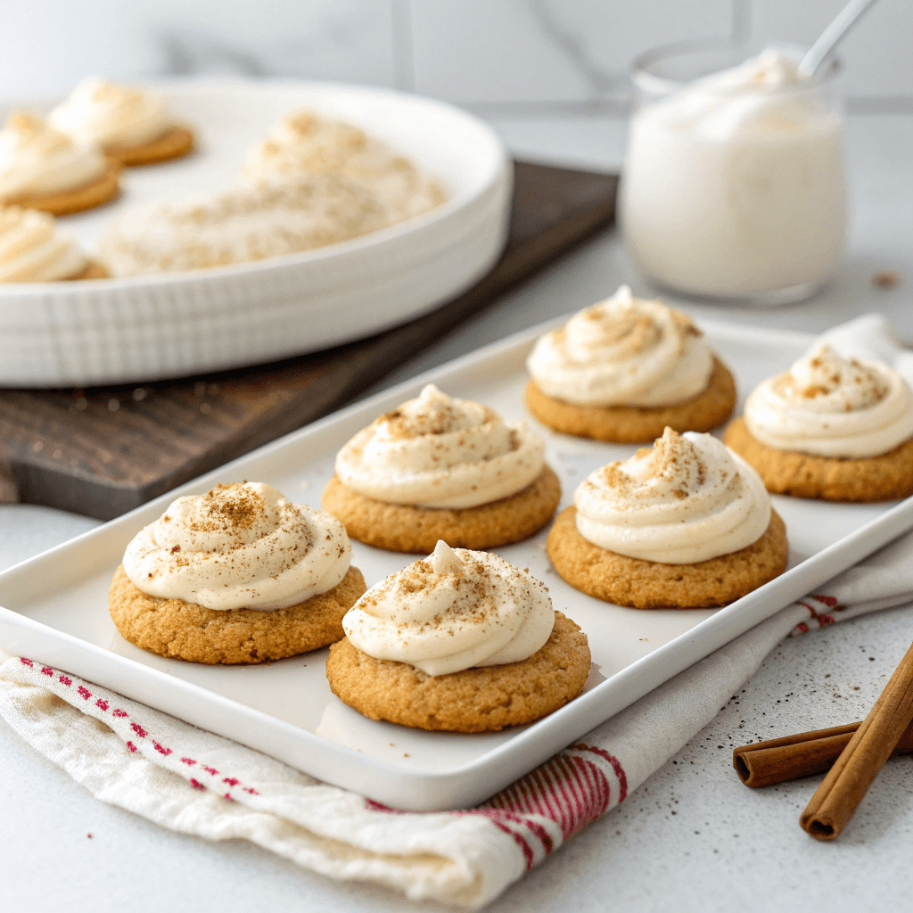 Eggnog cookies with cream cheese frosting and nutmeg served on a clean white plate in bright natural lighting.
