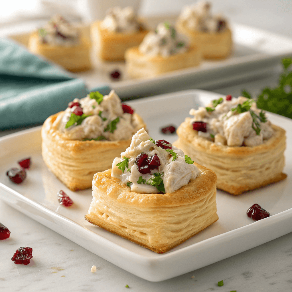 Chicken salad puff pastries displayed on a clean white plate with bright natural lighting and minimal background.