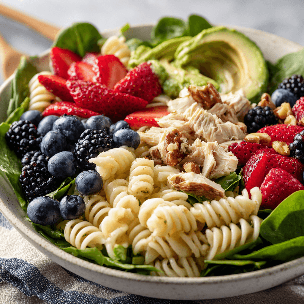 Delicious Berry Pasta Salad: Your Perfect Summer Side Dish 1 Bowl of Berry Pasta Salad showing pasta, berries, avocado, spinach, nuts, and chicken.