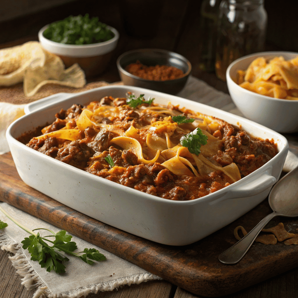 Sloppy Joe Casserole: Easy, Cheesy Family Favorite 1 White casserole dish filled with sloppy joe pasta bake topped with melted cheese and parsley, matching the reference photo.