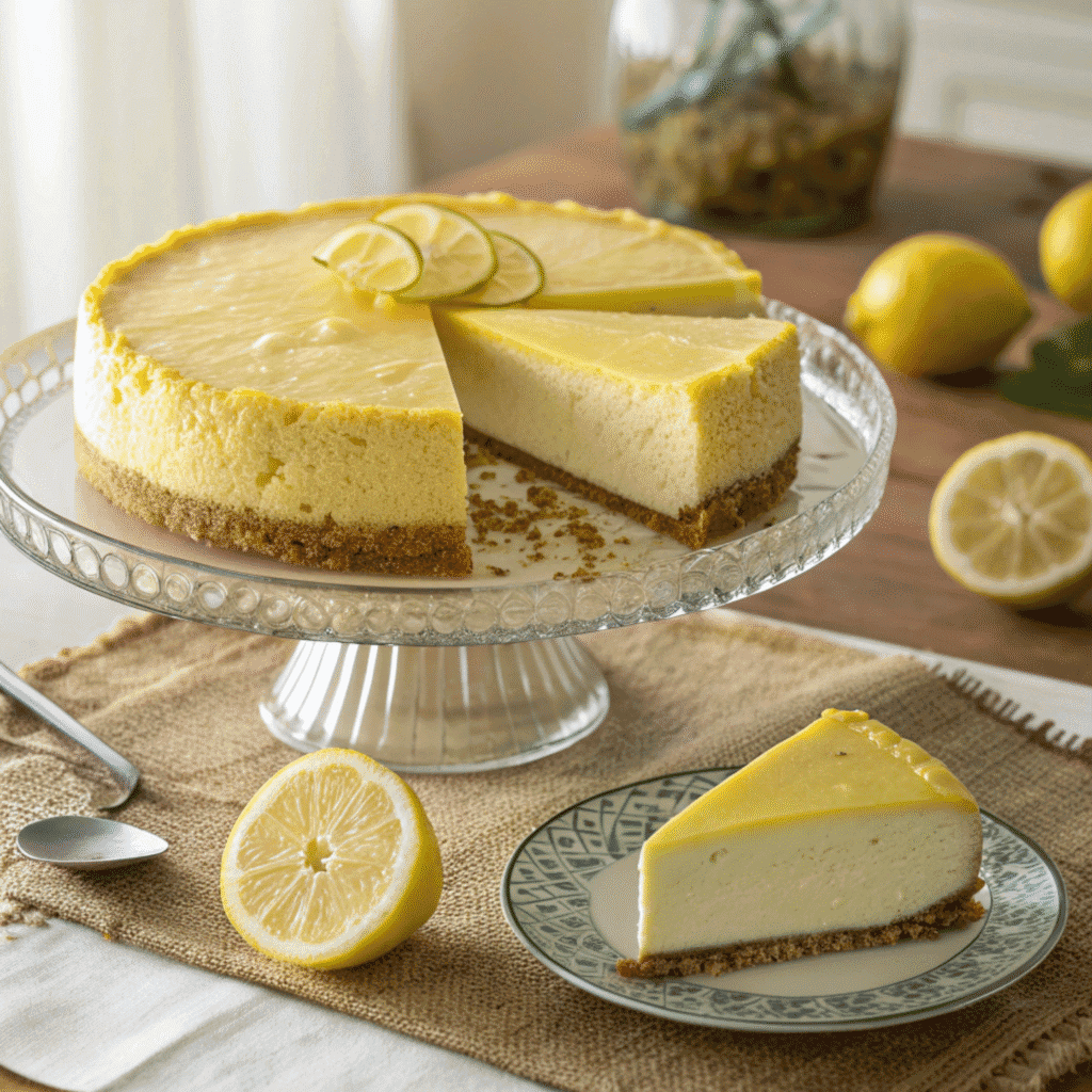 Lemon curd cheesecake on a glass stand with lemon slices and a slice removed, styled like the reference photo.