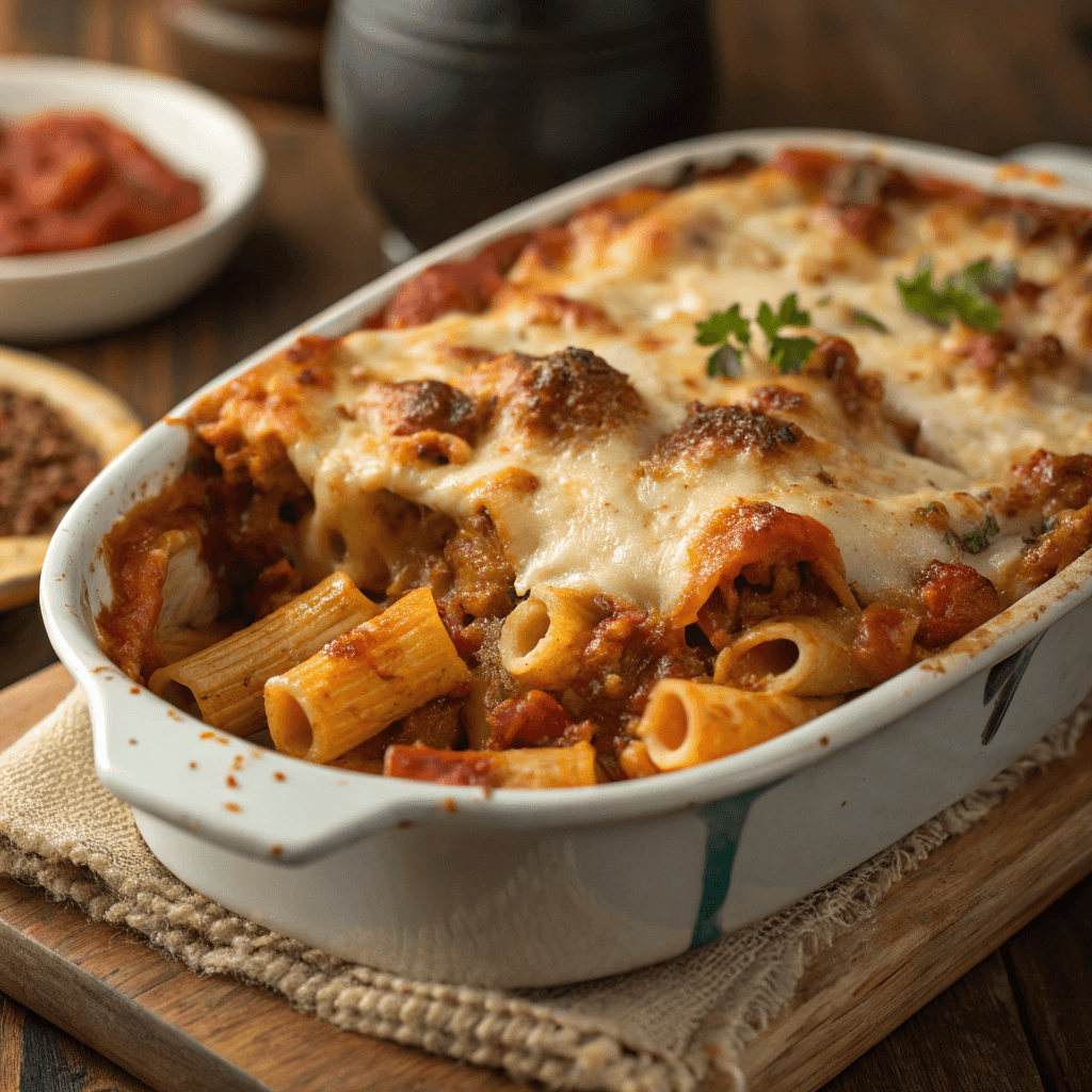 Extra-golden baked ziti with crispy melted cheese topping and saucy pasta.