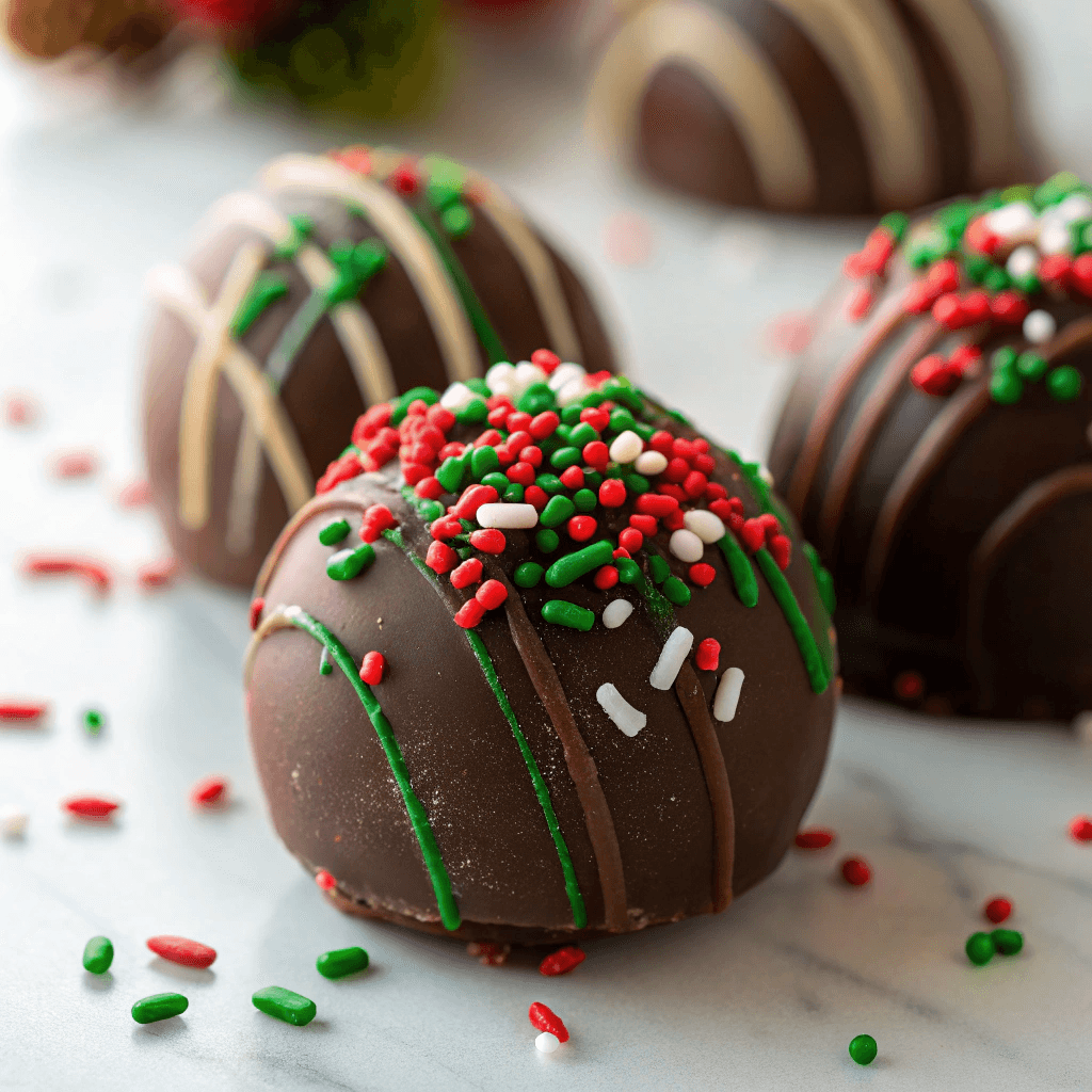 Decadent Christmas Truffles: Easy No-Bake Holiday Treat 3 Macro shot showing chocolate coating, sprinkles, and drizzle details on a festive Christmas truffle.