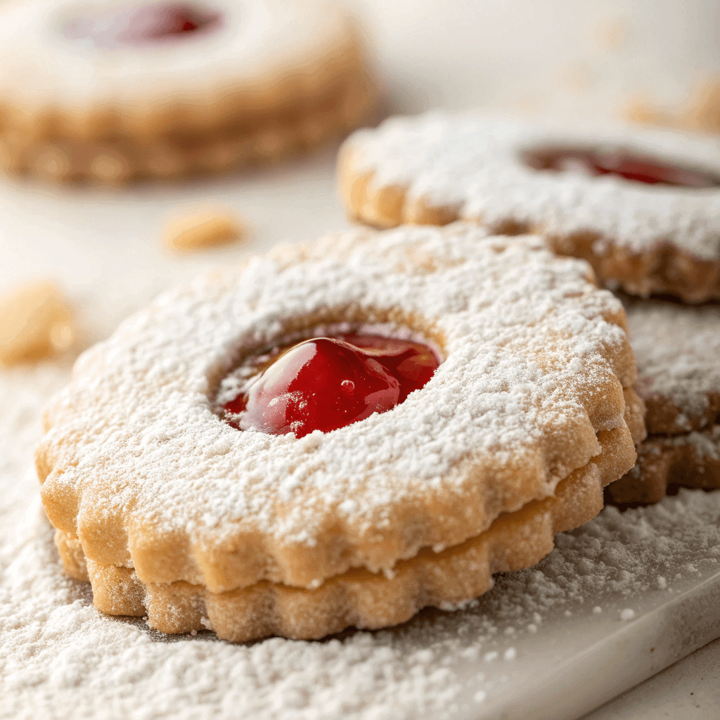 Macro close-up showing the powdered sugar, almond dough texture, and glossy jam center of a Linzer cookie.