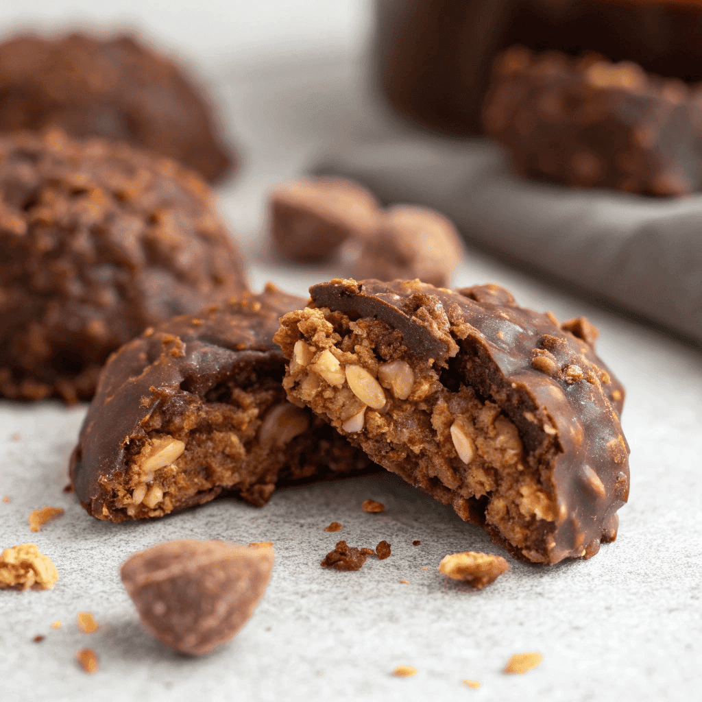 The Best No Bake Preacher Cookies - A Must Try Cookies ! 3 Macro shot showing the detailed oat and chocolate-peanut butter texture of a no-bake preacher cookie.