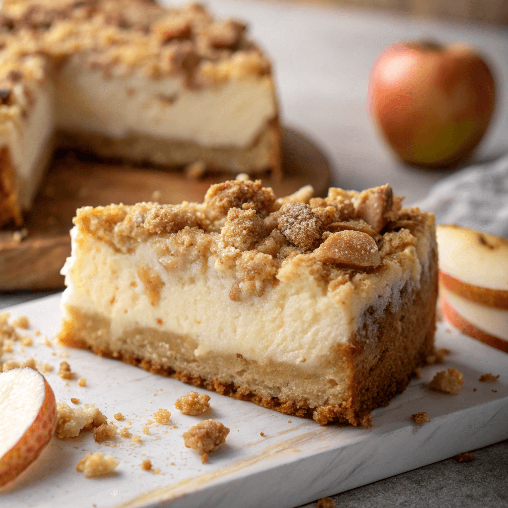 Apple Crisp Cheesecake Bread - The Best Cheesecake You'll Make ! 3 Macro shot showing the creamy cheesecake center, apple filling, and streusel topping of apple crisp cheesecake bread.