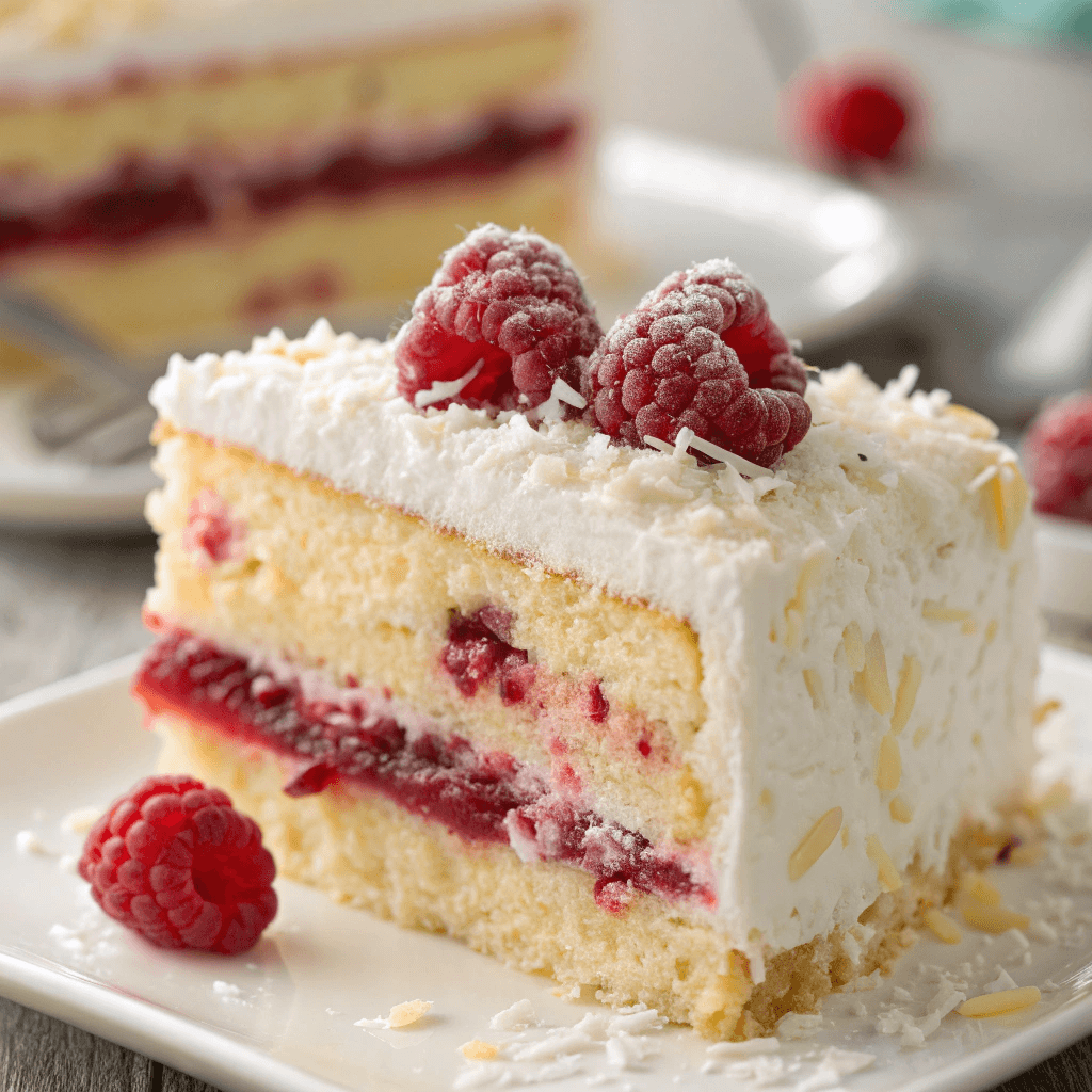 Macro shot showing the moist cake, raspberry filling, whipped cream, and coconut texture of raspberry zinger cake.