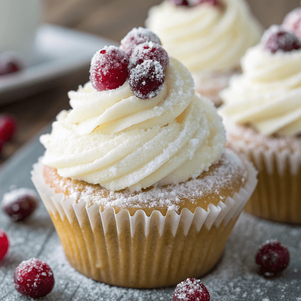 Festive Sparkling Cranberry White Chocolate Cupcakes 3 Macro image showing the sparkling sugar crystals on cranberries and the smooth white chocolate frosting swirl.