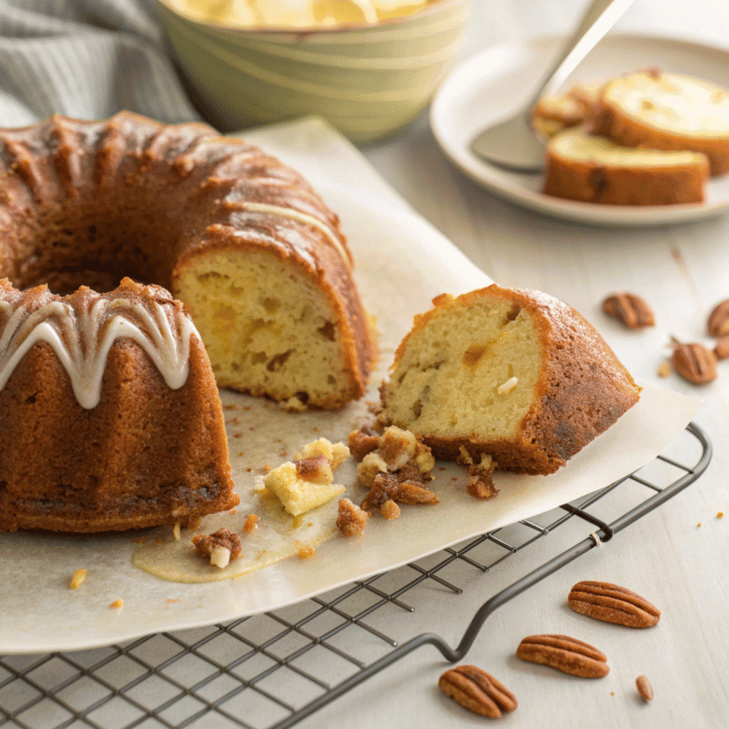 The Best Hummingbird Bundt Cake Recipe 3 Close-up of a hummingbird bundt cake before glazing, showing golden crust and moist banana-pineapple crumb.