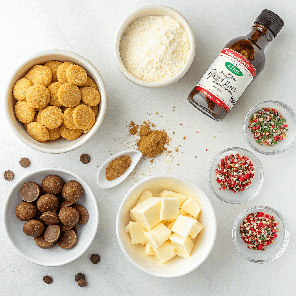 Easy No-Bake Biscoff Truffles Recipe 2 Ingredients for Biscoff truffles including Biscoff cookies, cream cheese, vanilla extract, white chocolate melts, and holiday sprinkles arranged on a white surface.