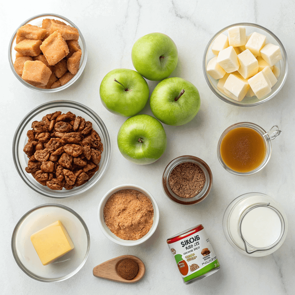Ingredients for caramel apple bombs including apples, cinnamon, crescent rolls, caramels, and pecans.