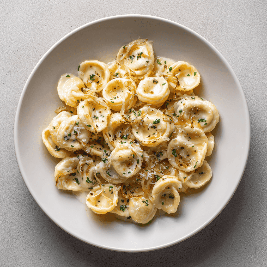 Creamy French onion pasta with caramelized onion sauce served neatly on a white plate.
