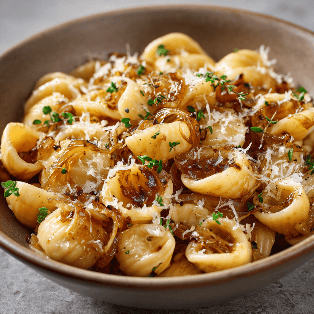 Perfectly cooked creamy French onion pasta with caramelized onions and melted cheese.
