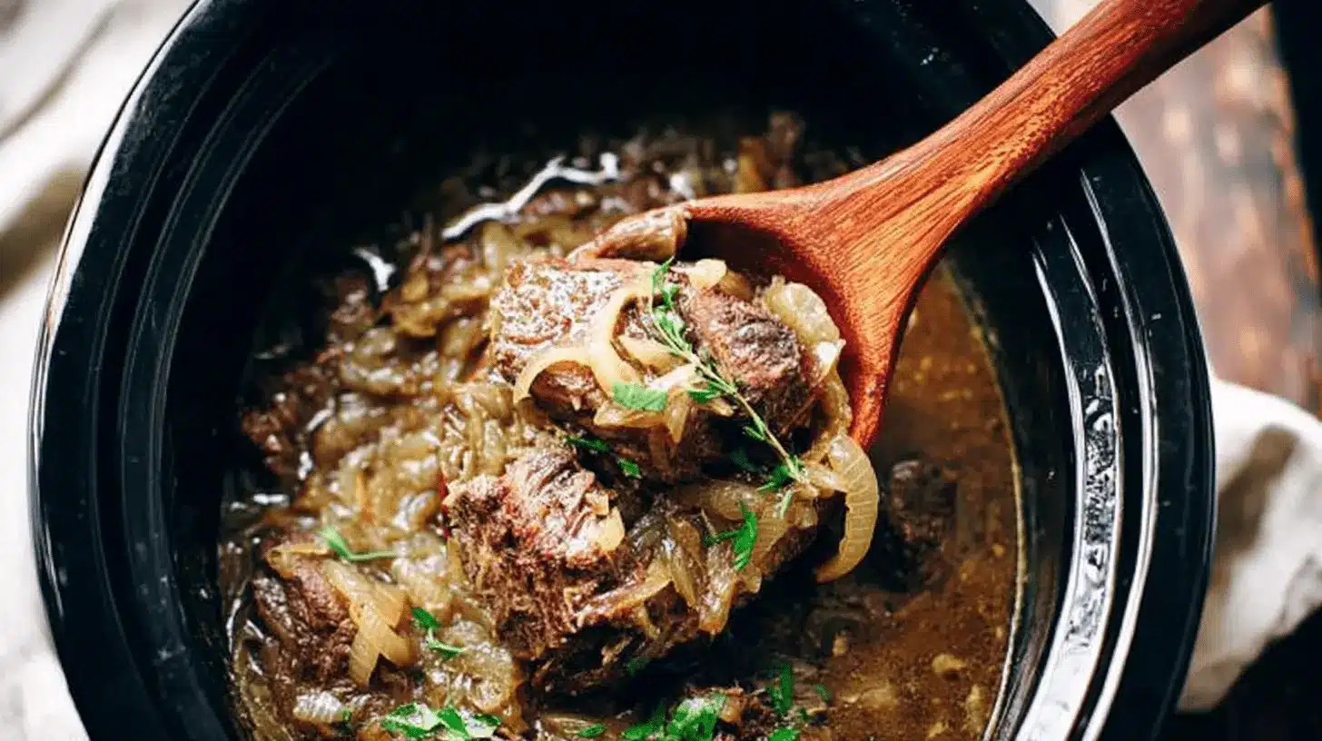 A close-up, top-down view of a rich French Onion Pot Roast being served from a dark pot with a wooden spoon, showcasing tender meat, caramelized onions, and fresh thyme.