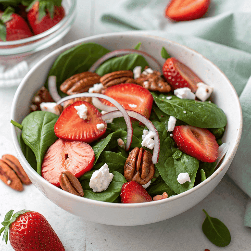 Best Ever Strawberry Spinach Salad with Poppy Seed Dressing 4 Close-up of strawberry spinach salad with pecans, feta, and red onions in a white bowl.