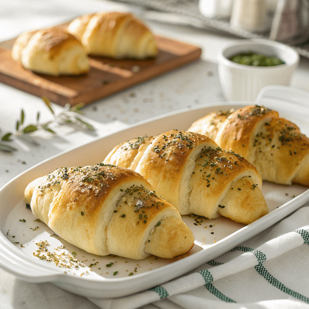 Easy Garlic Parmesan Italian Crescent Rolls 1 Golden Italian crescent rolls served on a white plate with bright natural lighting and minimal background.