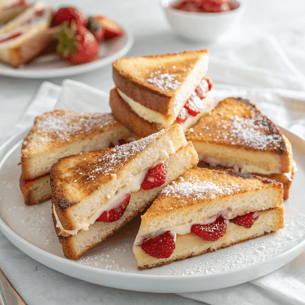 Fried Strawberry Cheesecake Sandwiches 1 Plate filled with golden fried strawberry cheesecake sandwiches.